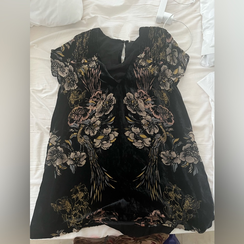 Free People Black and Gold Graphic Mini Dress